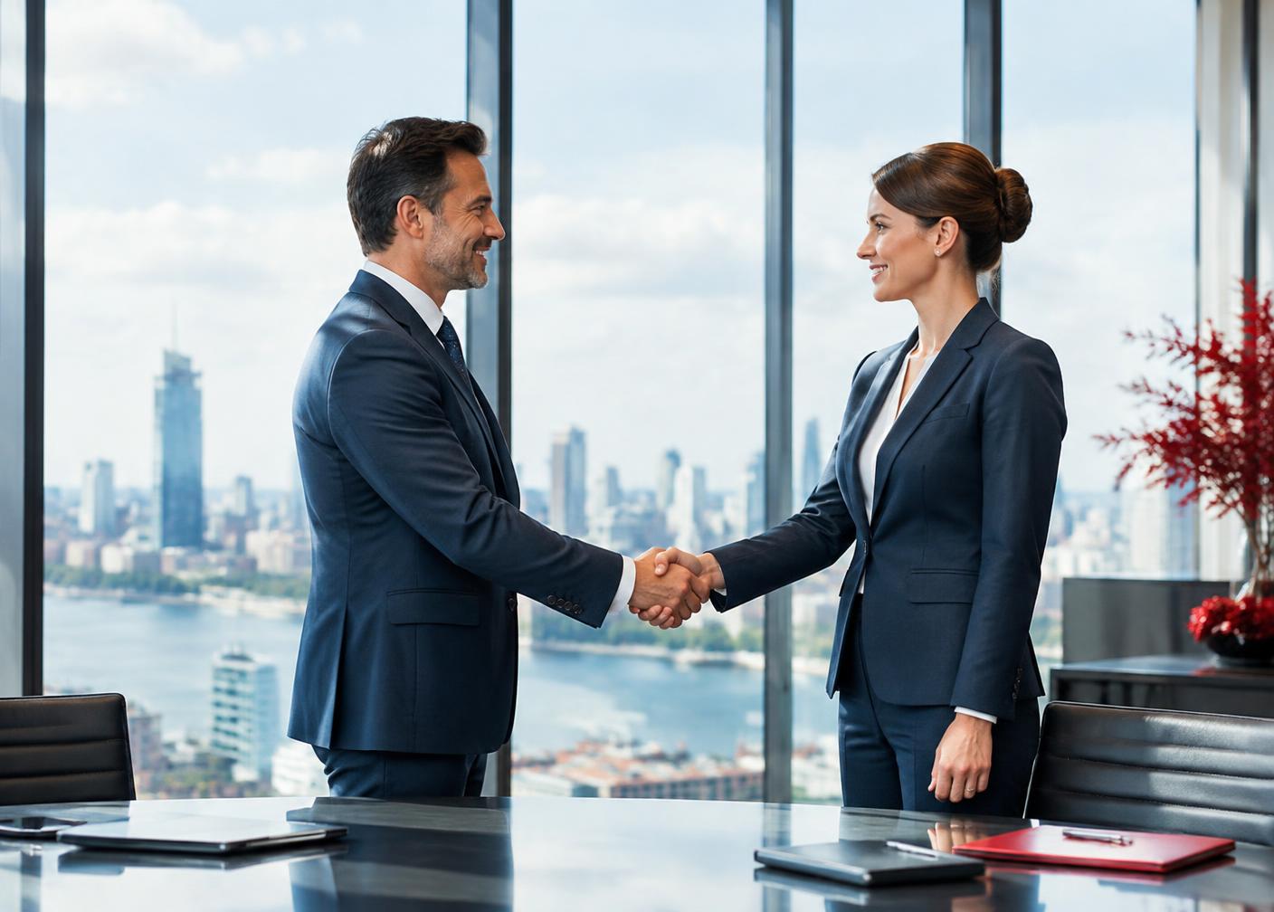 Business partners shaking hands in a boardroom